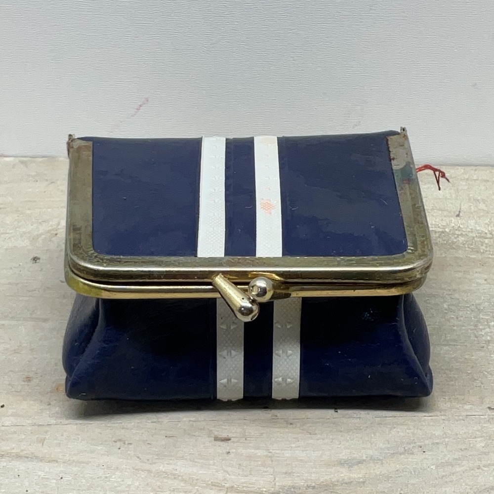 Vintage Navy Blue Striped Travel Sewing Kit Kiss Lock Coin Purse Retro Notions